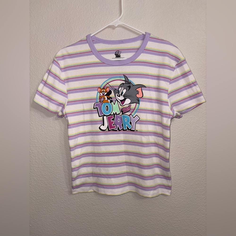 Women’s Tom & Jerry Pastel Striped Baby Tee | Y2K Cartoon Top XL
